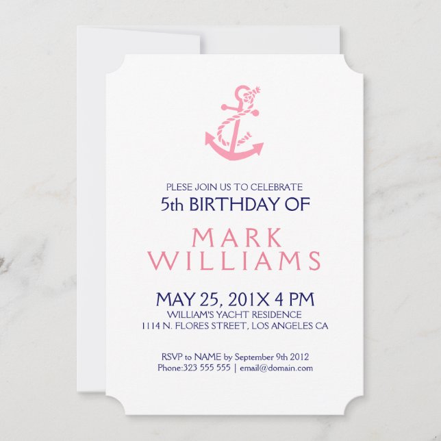 Pink Nautical Anchor Birthday Party Invite (Front)