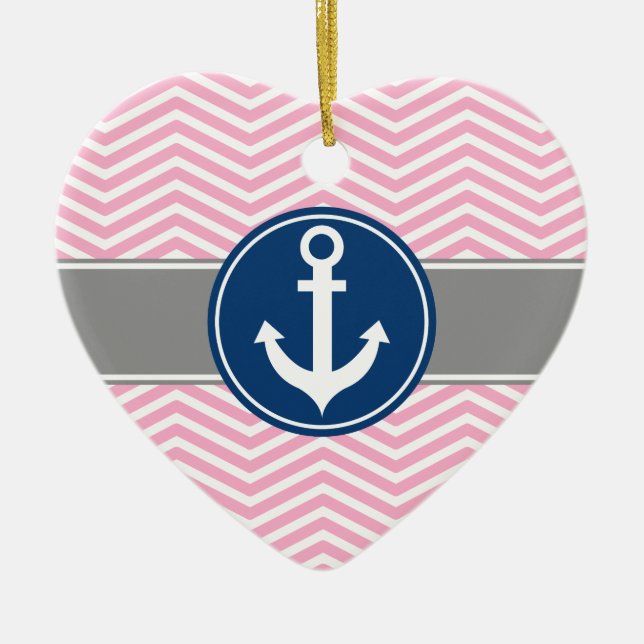 Pink Nautical Anchor Chevron Ceramic Tree Decoration (Front)