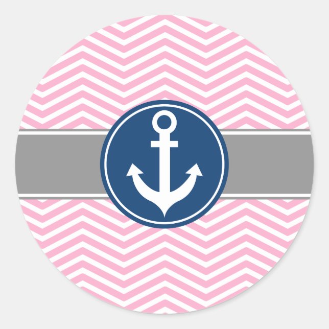 Pink Nautical Anchor Chevron Classic Round Sticker (Front)