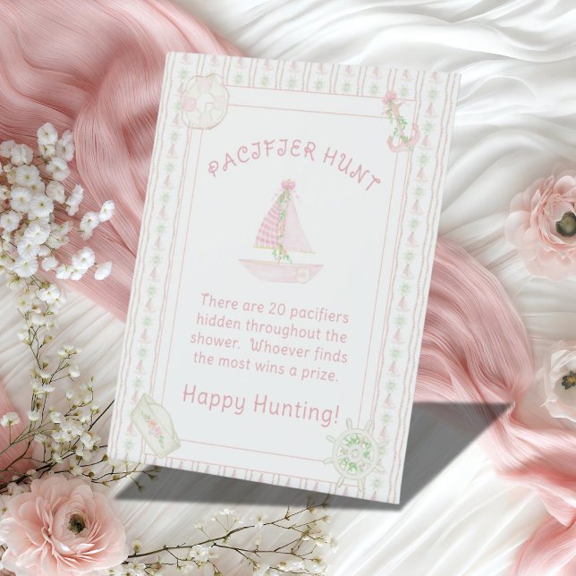 Pink Nautical Baby Girl Pacifier Hunt Baby Shower Pedestal Sign (Creator Uploaded)