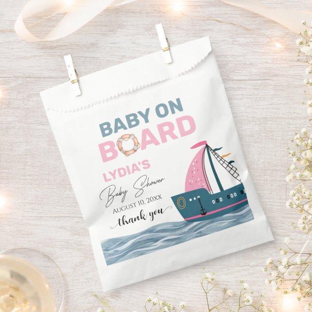 Pink Nautical Baby on Board Baby Shower Favour Bag (Clipped)