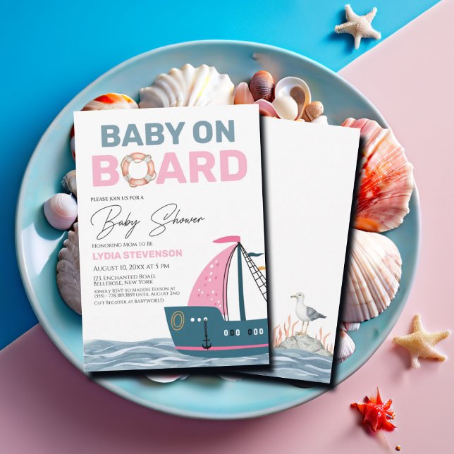 Pink Nautical Baby on Board Baby Shower Invitation (Creator Uploaded)