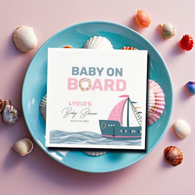 Pink Nautical Baby on Board Baby Shower Napkin (Creator Uploaded)