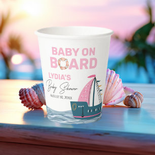 Pink Nautical Baby on Board Baby Shower Paper Cups