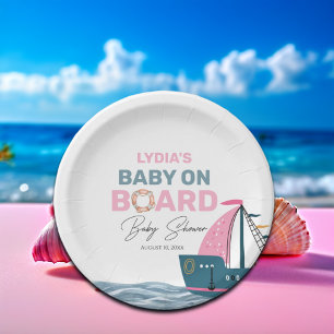 Pink Nautical Baby on Board Baby Shower Paper Plate
