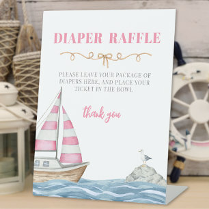 Pink Nautical Baby Shower Diaper Raffle Pedestal Sign