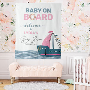 Pink Nautical Baby Shower Welcome Backdrop Tapestry