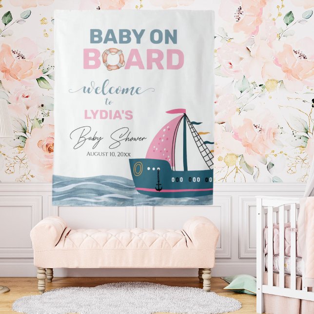Pink Nautical Baby Shower Welcome Backdrop Tapestry (Creator Uploaded)