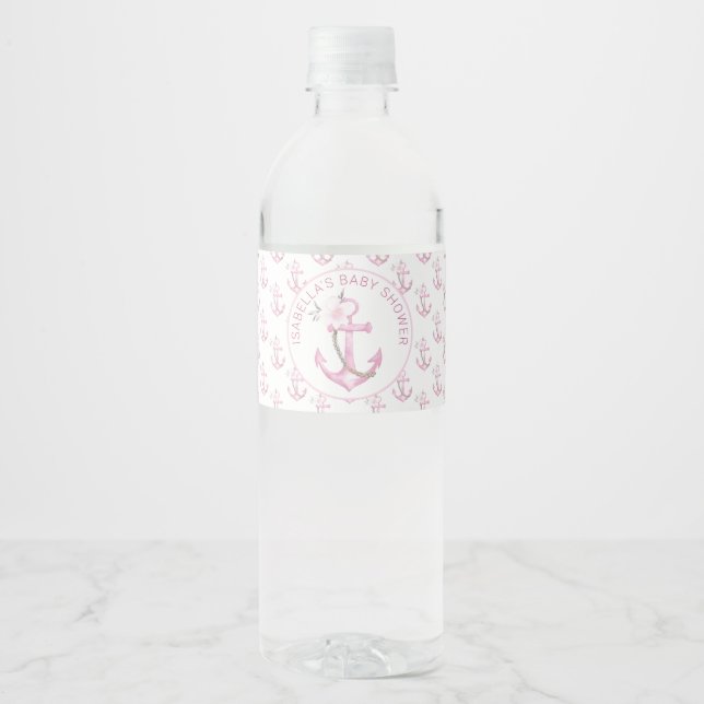 Pink Nautical Girl Baby Shower Water Bottle Label  (Front)