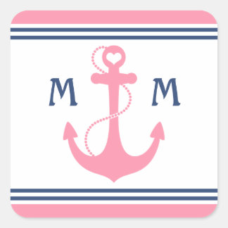 Pink Nautical Heart Anchor Square Sticker