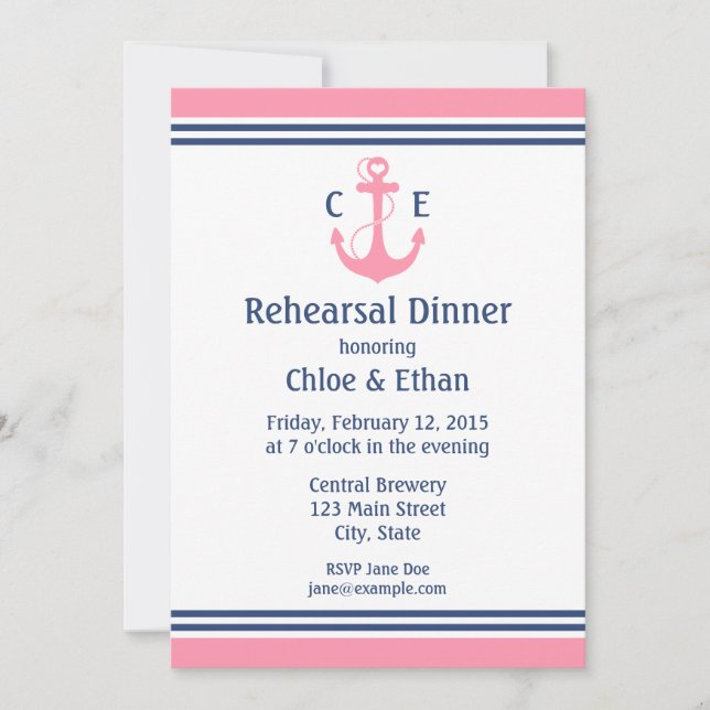 Pink Nautical Rehearsal Dinner Invitations (Front)