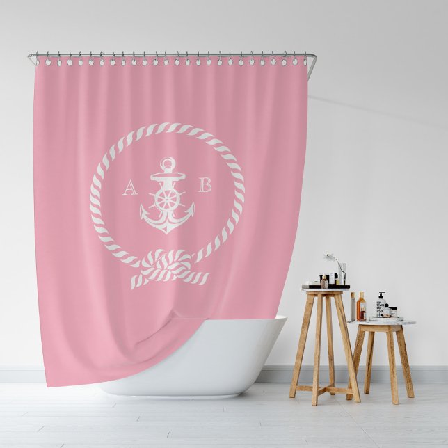 Pink Nautical Rope and Anchor Monogram Shower Curtain (Creator Uploaded)