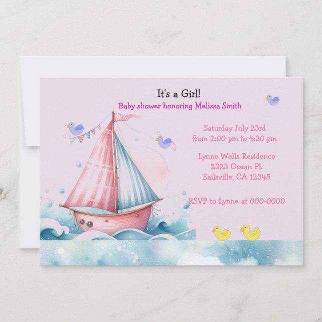 Pink Nautical Sailboat Baby Girl Shower Invitation (Front)