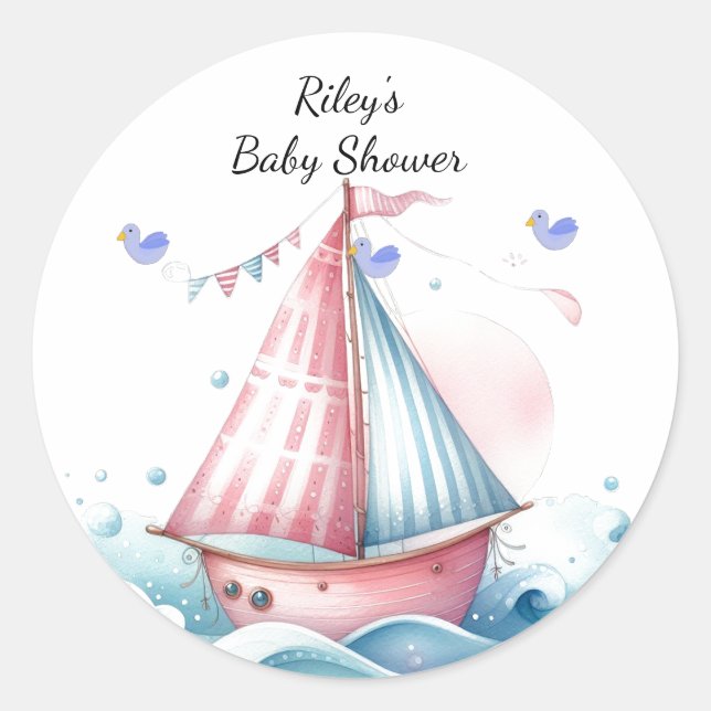 Pink Nautical Sailboat Baby Shower Classic Classic Round Sticker (Front)