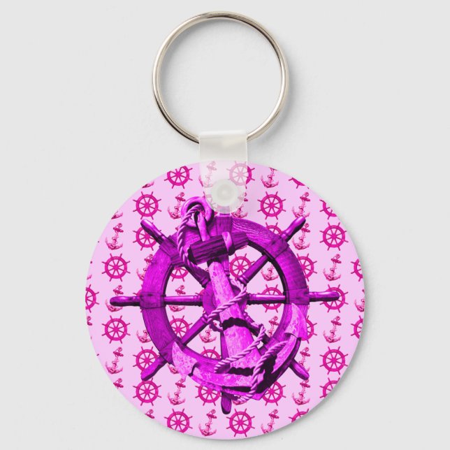 Pink Nautical Ships Wheel And Anchor Key Ring (Front)