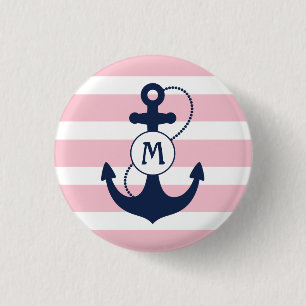 Pink Nautical Stripes with Anchor Monogram 3 Cm Round Badge