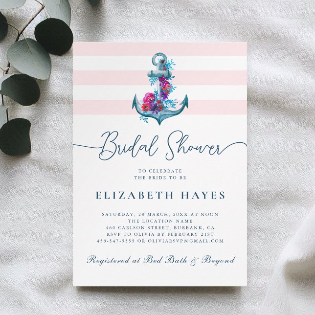 Pink Nautical Watercolor Anchor Bridal Shower Invitation (Creator Uploaded)