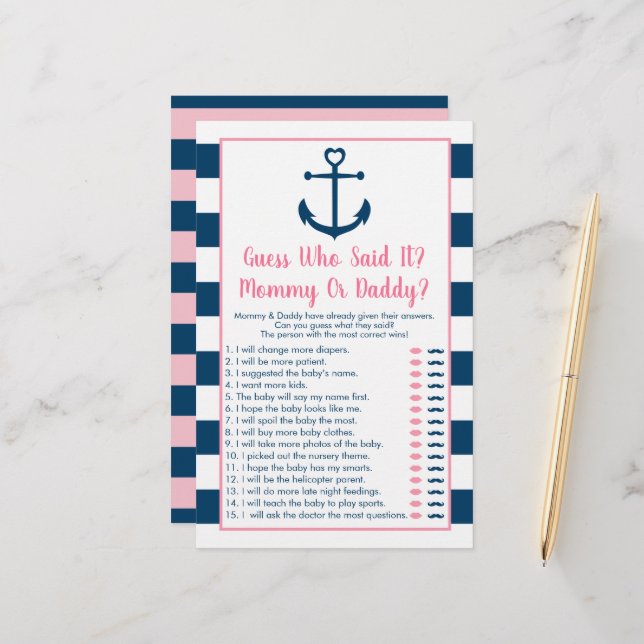 Pink Navy Anchor Guess Who Said It Shower Game (Front/Back In Situ)