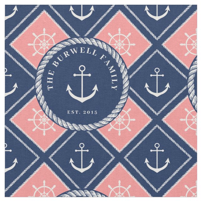 Pink Navy Anchor Ship's Wheel Pattern Add Name Fabric (Close Up)