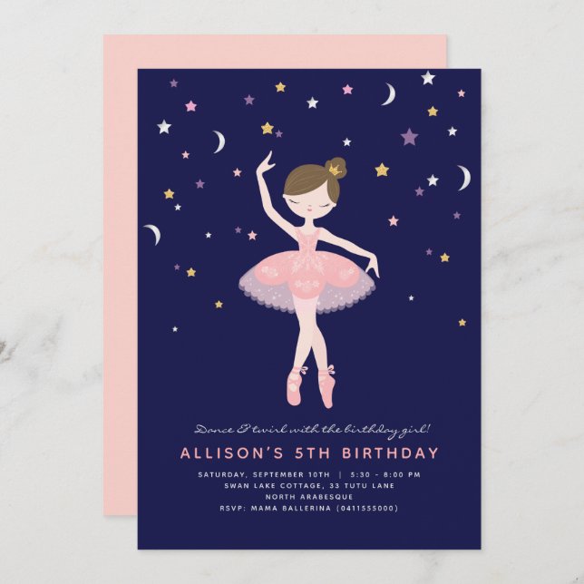 Pink & Navy Ballerina Birthday Invitation (Front/Back)