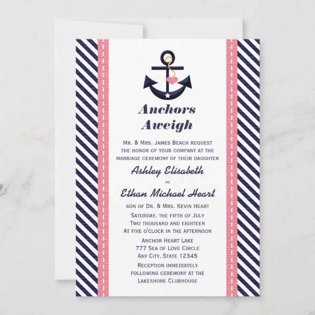 Pink Navy Blue Anchor Nautical Wedding Invitations (Front)