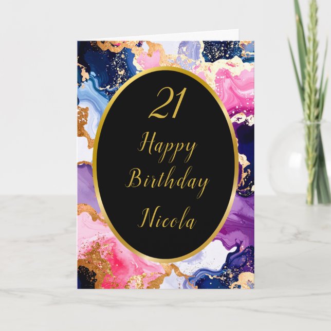 Pink, Navy Blue and Gold Ink Birthday Party Card (Front)