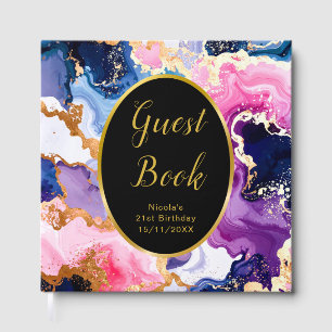 Pink, Navy Blue and Gold Ink Birthday Party Guest Book