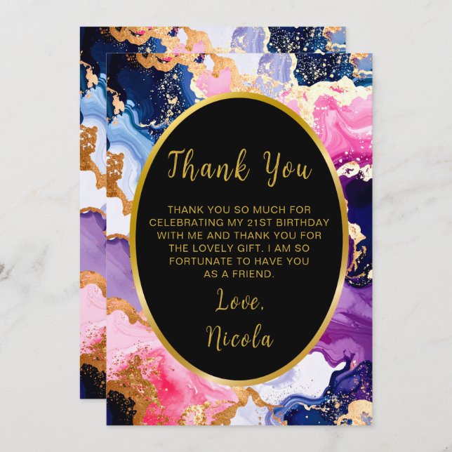 Pink, Navy Blue and Gold Ink Birthday Party Thank You Card (Front/Back)