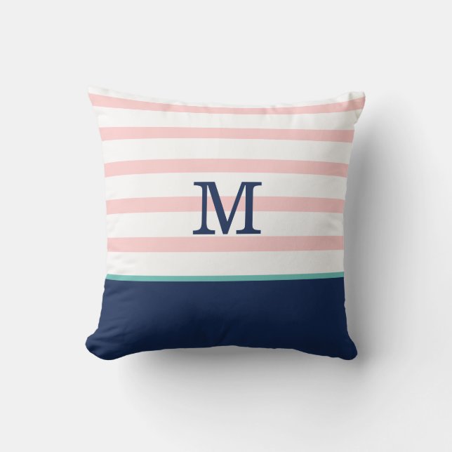 Pink, Navy Blue and Teal Monogram Cushion (Front)