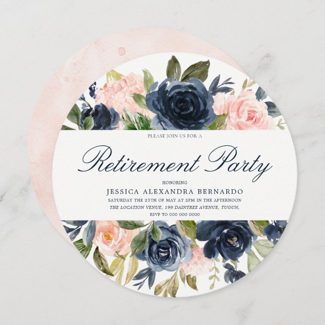 Pink Navy Blue Boy Blush Floral Retirement Party Invitation (Front/Back)