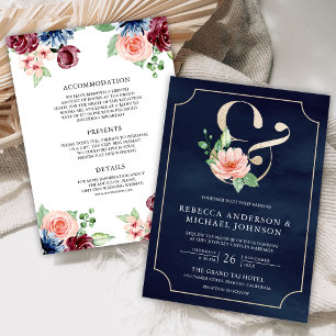 Pink Navy Blue Burgundy Floral Ampersand Wedding Invitation