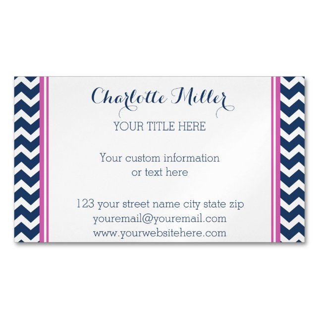 Pink Navy Blue Chevron Magnetic Business Card (Front)