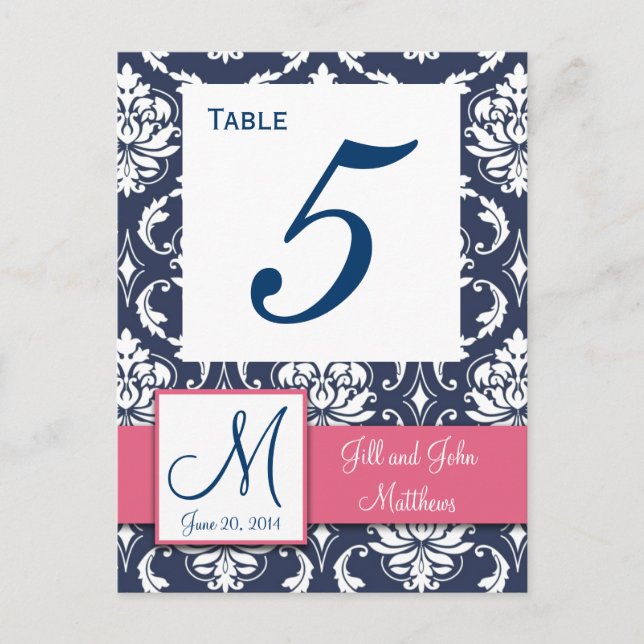 Pink Navy Blue Damask Wedding Table Number Postcard (Front)