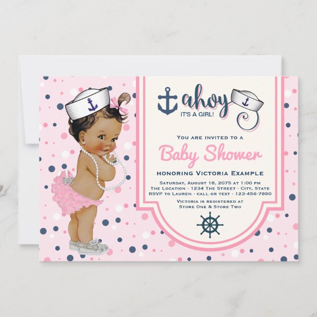 Pink Navy Blue Ethnic Girl Nautical Baby Shower Invitation (Front)