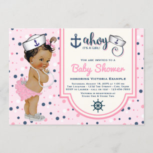 Pink Navy Blue Ethnic Girl Nautical Baby Shower Invitation