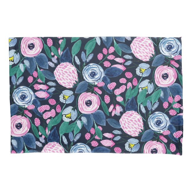 Pink Navy Blue Floral Bouquet Watercolor Pattern Pillowcase (Front)