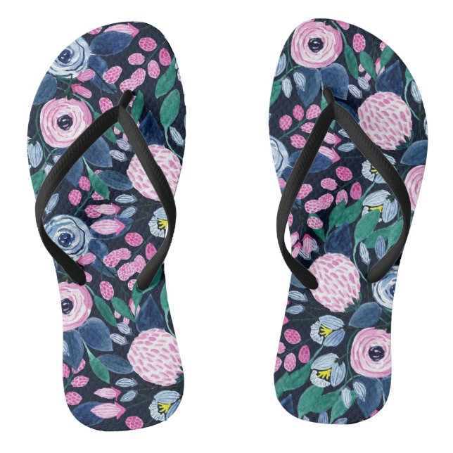 Pink Navy Blue Floral Bouquet Watercolor Pattern Thongs (Footbed)