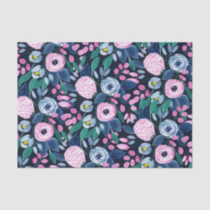 Pink Navy Blue Floral Bouquet Watercolor Pattern Tissue Paper