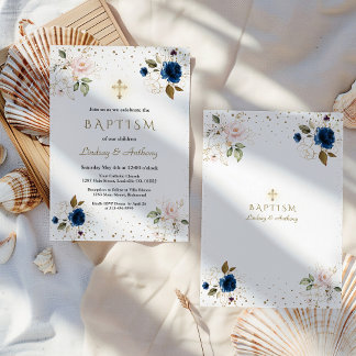 Pink Navy Blue Floral Gold Cross Twins Baptism Invitation