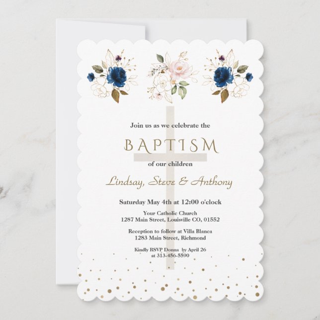 Pink Navy Blue Floral Gold Triplets Baptism   Invitation (Front)