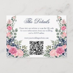 Pink Navy Blue Floral Greenery Wedding Website QR Enclosure Card