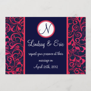 Pink Navy Blue Floral wedding invitation monogram