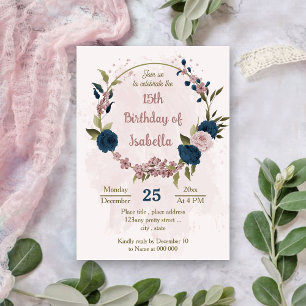 pink navy blue flowers botanical birthday invitation