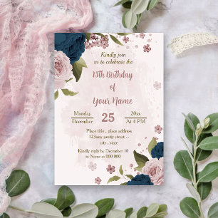 pink navy blue flowers botanical birthday invitation