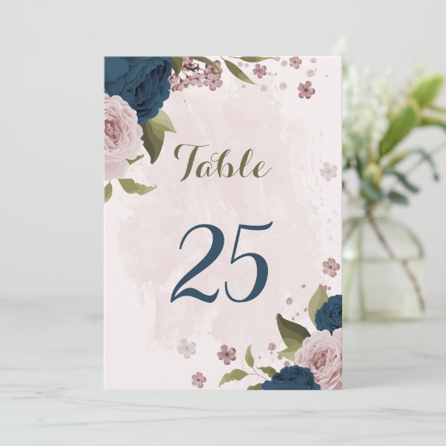 pink navy blue flowers botanical table number card (Standing Front)
