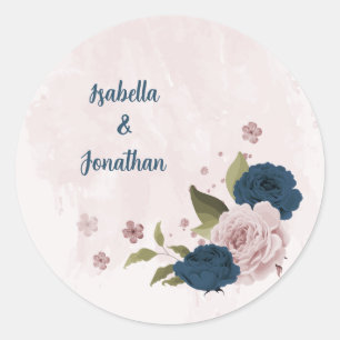 pink navy blue flowers botanical wedding classic round sticker