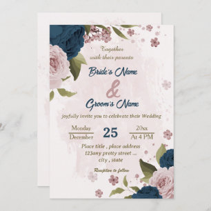 pink navy blue flowers botanical wedding invitation