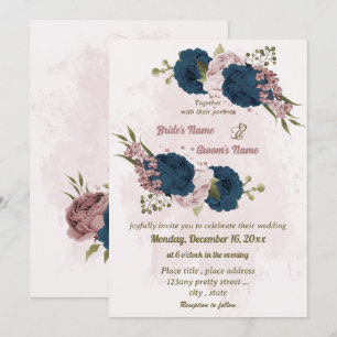 pink navy blue flowers botanical wedding invitation