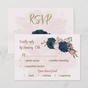 pink navy blue flowers botanical wedding RSVP card