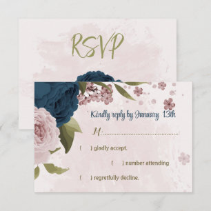 pink navy blue flowers botanical wedding RSVP card